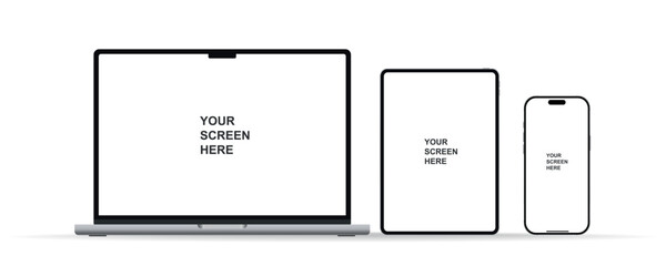 Aufkleber - Modern laptop mockup front view, smartphone and tablet mockup isolated on white background. Notebook, phone and tablet device mockup for UI UX app and website presentation. Vector illustration