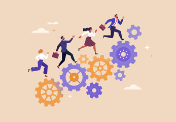 Fototapete - Business Work Process Concept. Vector cartoon illustration of a group of people in business suits running along a mechanism with gears. Isolated on background 