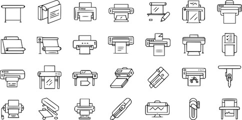 Fototapete - Printer line icon set. Large format printing, plotter, scanner, cutting machine minimal vector illustrations. Simple outline signs for printshop. Editable Stroke