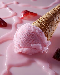 Poster - Creamy strawberry ice cream scoop in waffle cone surrounded by fresh berries and pink melted cream creating smooth swirls on pink surface.
