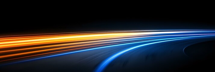 Poster - abstract light trails in orange and blue colors against dark background, dynamic motion effect with 