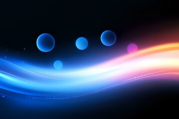 Poster - Abstract cosmic background with glowing blue spheres floating above luminous curved wave combining blue and pink light streaks against dark space.