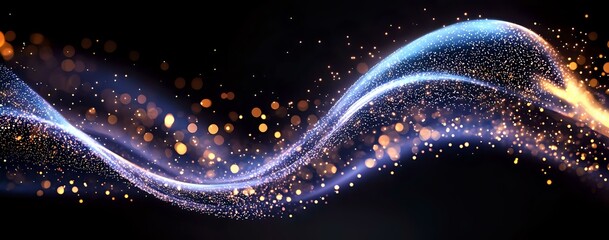 Poster - Glowing magical wave with sparkling particles and light trails flowing on black background, creating ethereal cosmic effect for abstract design projects.