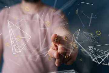 Aufkleber - Abstract image of a hand interacting with a digital network.  Ideal for tech, innovation, and connection concepts.