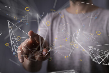 Aufkleber - Abstract image of a person interacting with a digital network, representing connection, technology, and data.