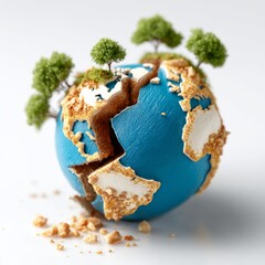 Poster - Fragile Earth: A Fractured Globe with Miniature Trees, Symbolizing Environmental Concerns and the Need for Preservation.