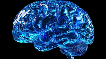 Poster - Glowing blue translucent brain model showing detailed neural anatomy against black background, highlighting medical research and neuroscience concepts.