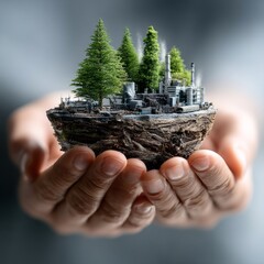 Poster - Fragile Earth: A Miniature Landscape of Industry and Nature Held in Caring Hands, Emphasizing Environmental Stewardship