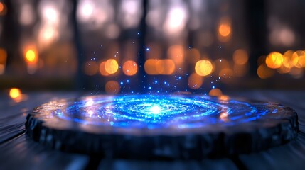 Poster - Glowing blue spiral light effect on dark surface with blurred bokeh background creates magical atmosphere for fantasy and sci-fi designs.