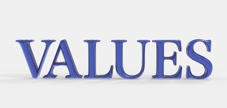 High-quality 3D rendering of the word VALUES in a bold, textured blue font. Perfect for presentations or design projects.