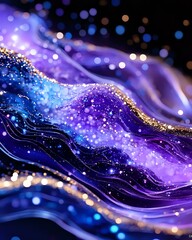 Poster - Abstract cosmic waves with purple and blue gradient colors, flowing golden glitter particles and bokeh lights creating magical ethereal background pattern.