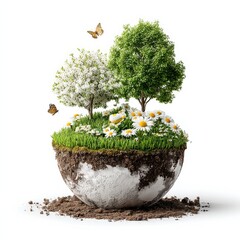 Poster - Harmony of Nature: A Spherical Garden with Trees, Flowers, and Butterflies in a Dreamy, Isolated Setting.