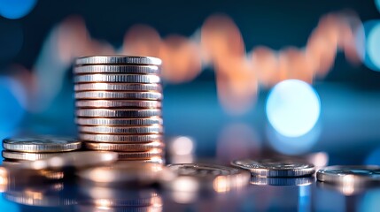 Poster - Stacked silver coins against blurred financial chart background with bokeh lights, representing investment growth and financial market analysis.