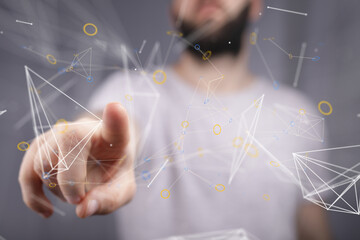 Aufkleber - Close-up of a man's hand interacting with a digital network interface. Futuristic technology concept.