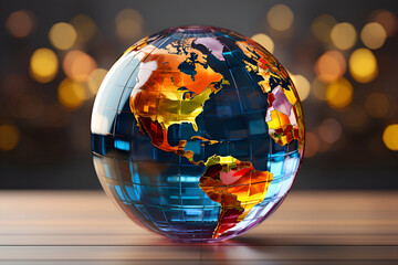 3d rendering of world globe on wooden table with bokeh background