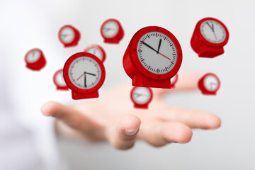 Poster - Abstract image of multiple red clocks floating above a hand, symbolizing time management or deadlines.