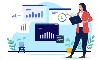 Leinwandbilder - Woman with charts and data - Professional businesswoman standing working and analysing diagrams and business graph results. Flat design vector illustration with white background
