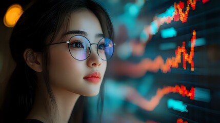 Poster - Young Asian businesswoman in glasses looking at financial market data charts with neon stock trading graphs reflected on face in dark office environment.