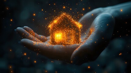 Poster - Magical glowing house made of golden sparkles floating on open palm against dark background with ethereal smoke and light particles. Concept of dreams and hope.
