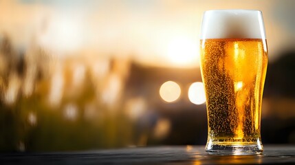 Poster - Cold glass of light beer with foam head and bubbles against blurred sunset background, golden hour lighting creates atmospheric mood for beverage photography.
