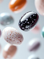 Poster - Floating colorful speckled eggs in soft focus against light background create dreamy Easter composition with black and white spotted decorative elements.