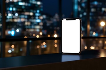 Poster - modern smartphone with blank white screen against blurred urban nightscape with bokeh lights and ref