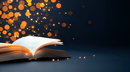 Poster - Open book with glowing magical light and orange bokeh particles floating up against dark background, creating mystical atmosphere for education and literature concepts.
