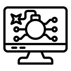 Aufkleber - Monitor screen with bomb line icon, hacker attacks concept. Vector graphics. Bomb burning wick on display sign on white background, style mobile or design.