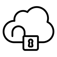 Fototapete - Unsecure cloud storage line icon, hacker attacks concept. Vector graphics. Cloud with unlocked lock sign on white background, style mobile or design.