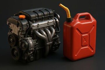 Poster - Realistic 3D Model of Car Engine and Fuel Canister on Black Background