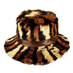 a strikingly patterned top hat crafted from luxurious brown and tan faux fur is showcased against a 