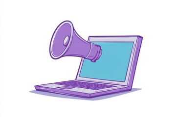Poster - Minimalist vector illustration of laptop with megaphone and social media icons in purple and blue