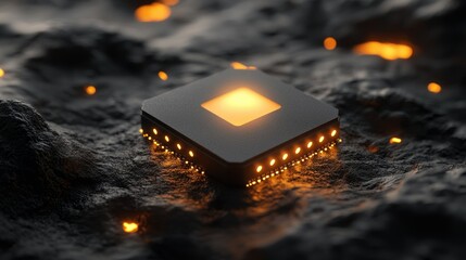 Poster - Glowing Microchip on Volcanic Rock: A Technological Marvel