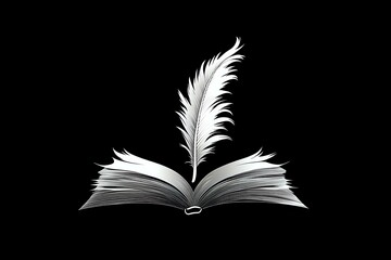 Poster - Open book with white feather quill floating above pages against black background, creating dramatic contrast and symbolizing literature, writing, and storytelling.