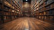 © KASANUN - Ancient library interior, wooden floor, bookshelves, vast collection