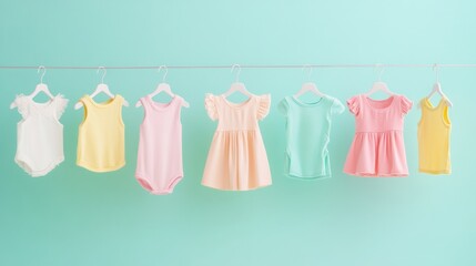 Leinwandbilder - Delicate baby clothing hangers display an array of tiny dresses and shirts on a soft vibrant background for a dreamy, clean aesthetic