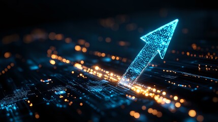 Poster - Glowing digital arrow rises from circuit board with bokeh lights, representing technological growth and advancement in computing power and digital transformation.
