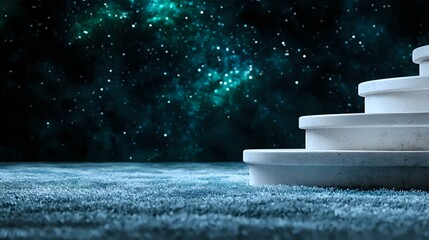 Poster - Mystical stone steps leading into starry turquoise night sky with glowing nebula clouds, creating dramatic atmospheric scene for fantasy and spiritual designs.