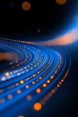 Poster - glowing curved blue light trails with orange bokeh effects against dark background create dynamic mo