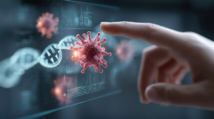 Poster - image depicts close up of hand reaching towards digital representation of virus, with DNA strands background, symbolizing