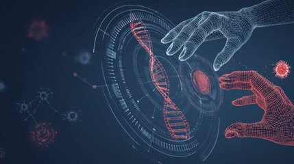 Poster - Digital hands interact with holographic DNA structure, symbolizing biotechnology and genetic research. scene conveys