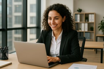 Poster - Joyful Businesswoman Working at Laptop in Modern Office Space