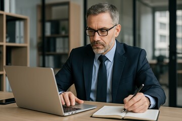 Poster - Focused Executive Working on Laptop in Modern Business Setting