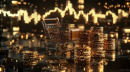 Poster - Shopping cart with stacks of golden coins against financial chart background, representing consumer spending, market trends and retail investment.