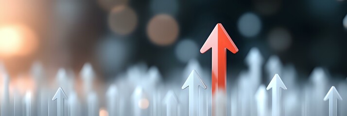 Poster - Red arrow rising among white arrows against blurred bokeh background, symbolizing leadership, growth and standing out from competition in business concept.