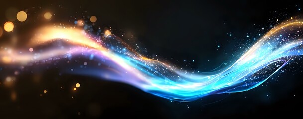 Poster - Magical glowing wave with blue light trail and golden sparkles flowing on dark background, abstract luminous cosmic energy stream effect.