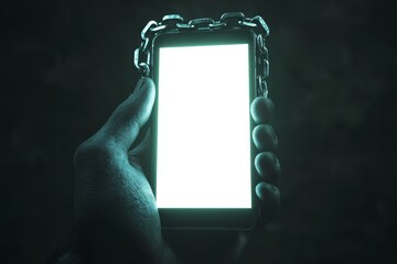 Poster - Hand grasping metal chain with glowing smartphone screen in a cinematic digital painting style