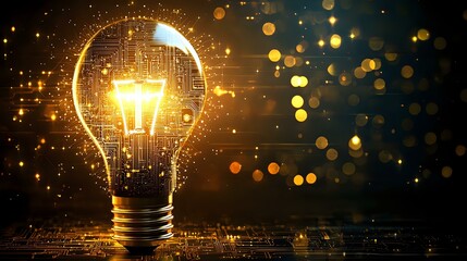 Poster - Glowing light bulb with digital circuit pattern and golden bokeh particles on dark background, symbolizing innovation and technological advancement.