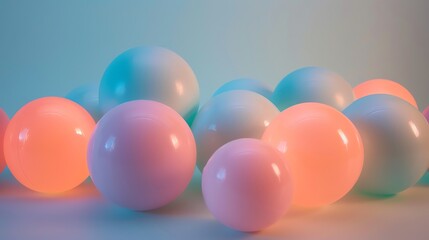 Poster - A group of pastel-colored balls of various sizes are scattered on a table.