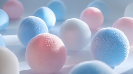 Poster - 3D rendering of a group of pastel colored frosted balls. The balls are arranged in a random pattern and lit by a soft light.